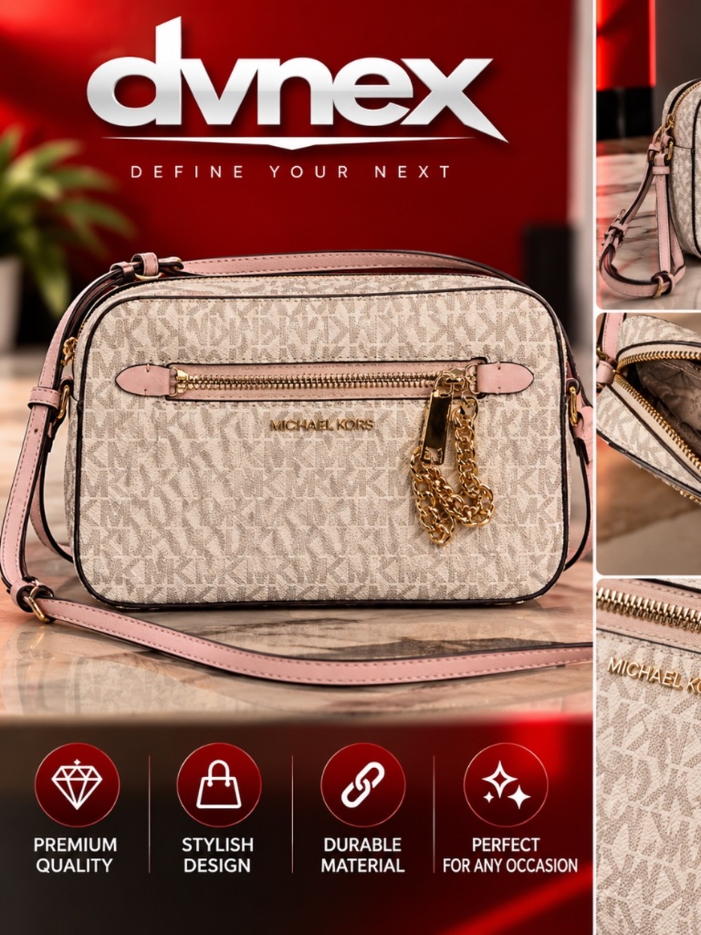 Michael Kors Beige Pink Signature Logo Crossbody Bag